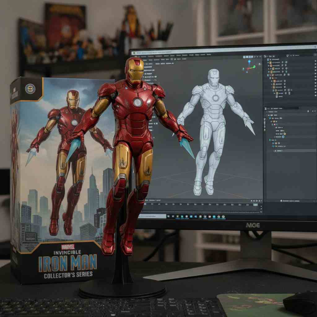 Iron Man collectible figure beside its printed packaging box