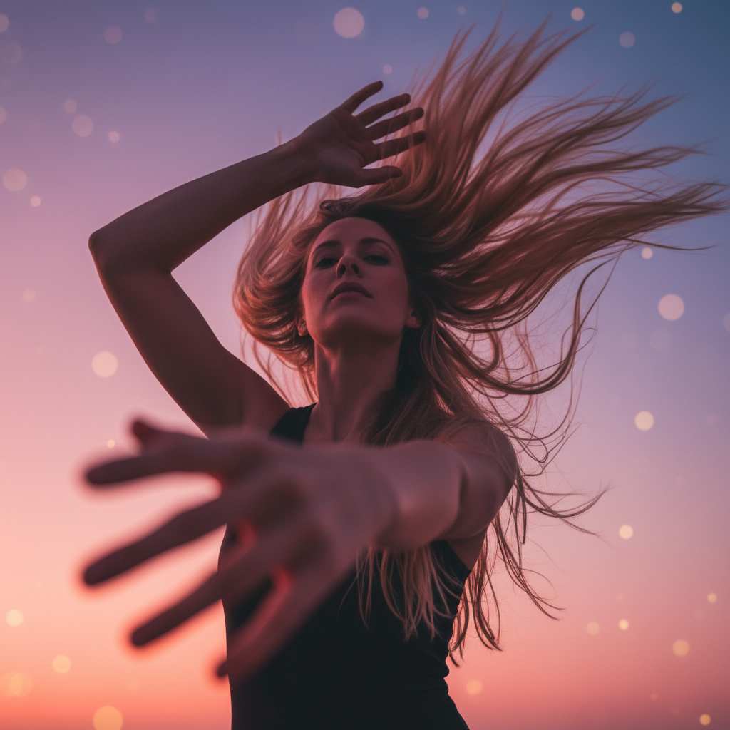 Cinematic low-angle portrait of a woman with flowing hair in motion