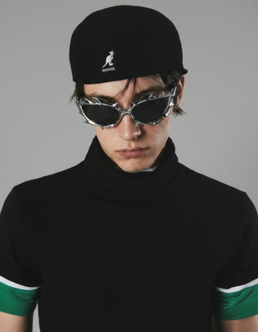 Model trying on sunglasses in premium fashion style on a gray backdrop