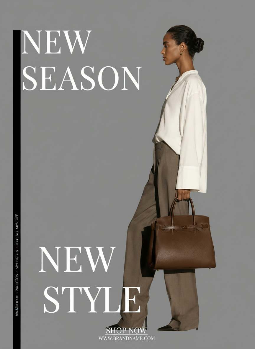 Vertical fashion poster built from a minimal womenswear model photo