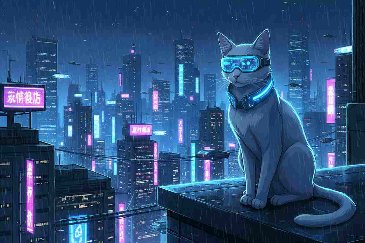 Modern anime concept art of a futuristic cyberpunk cat with a neon collar